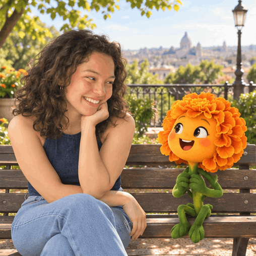 Selena sourit à côté d'une petite fleur animée sur un banc